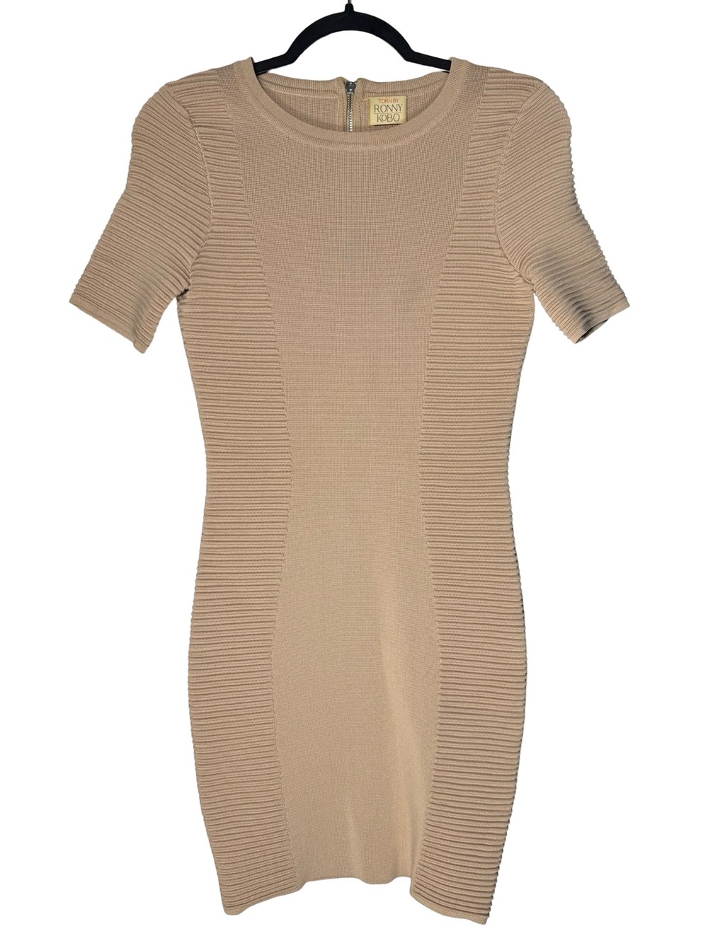 Torn by Ronny Kobo Dress Small Tan Ribbed Knit Bodycon Mini Back Zip Minimalist